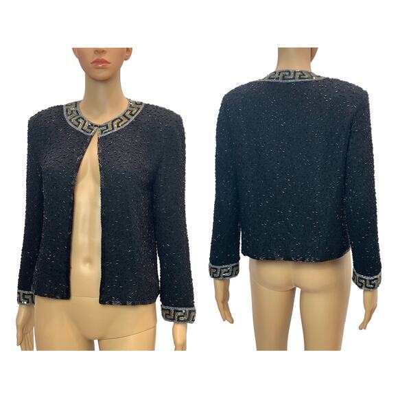 90s Y2K Black Heavily Beaded Silk Jacket Gold Silver Greek Key - Picture 2 of 10